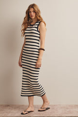 Navy Striped Crochet Knit Midi Dress