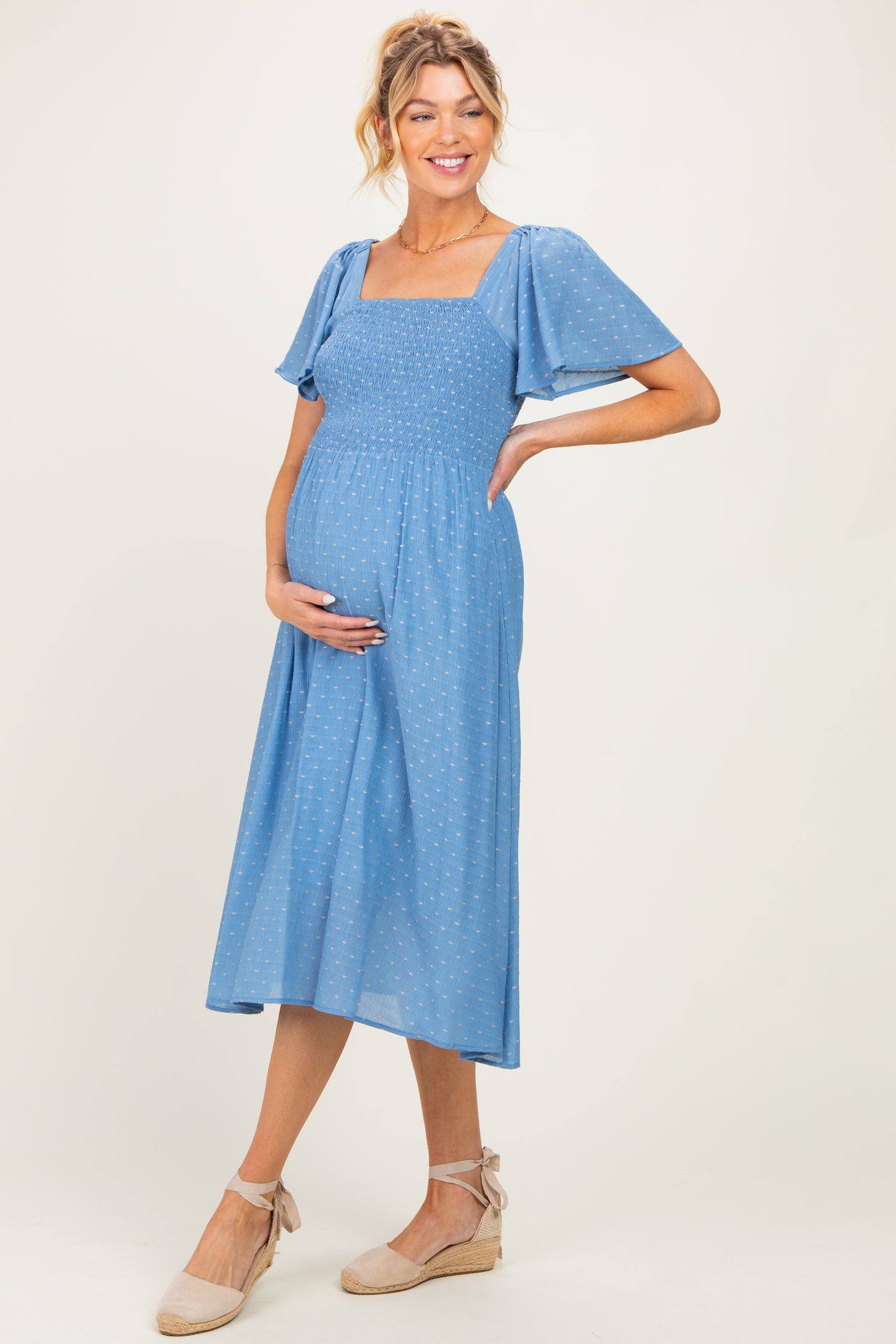 Blue Polka Dot Smocked Maternity Midi Dress