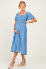 Blue Polka Dot Smocked Maternity Midi Dress