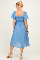 Blue Polka Dot Smocked Maternity Midi Dress