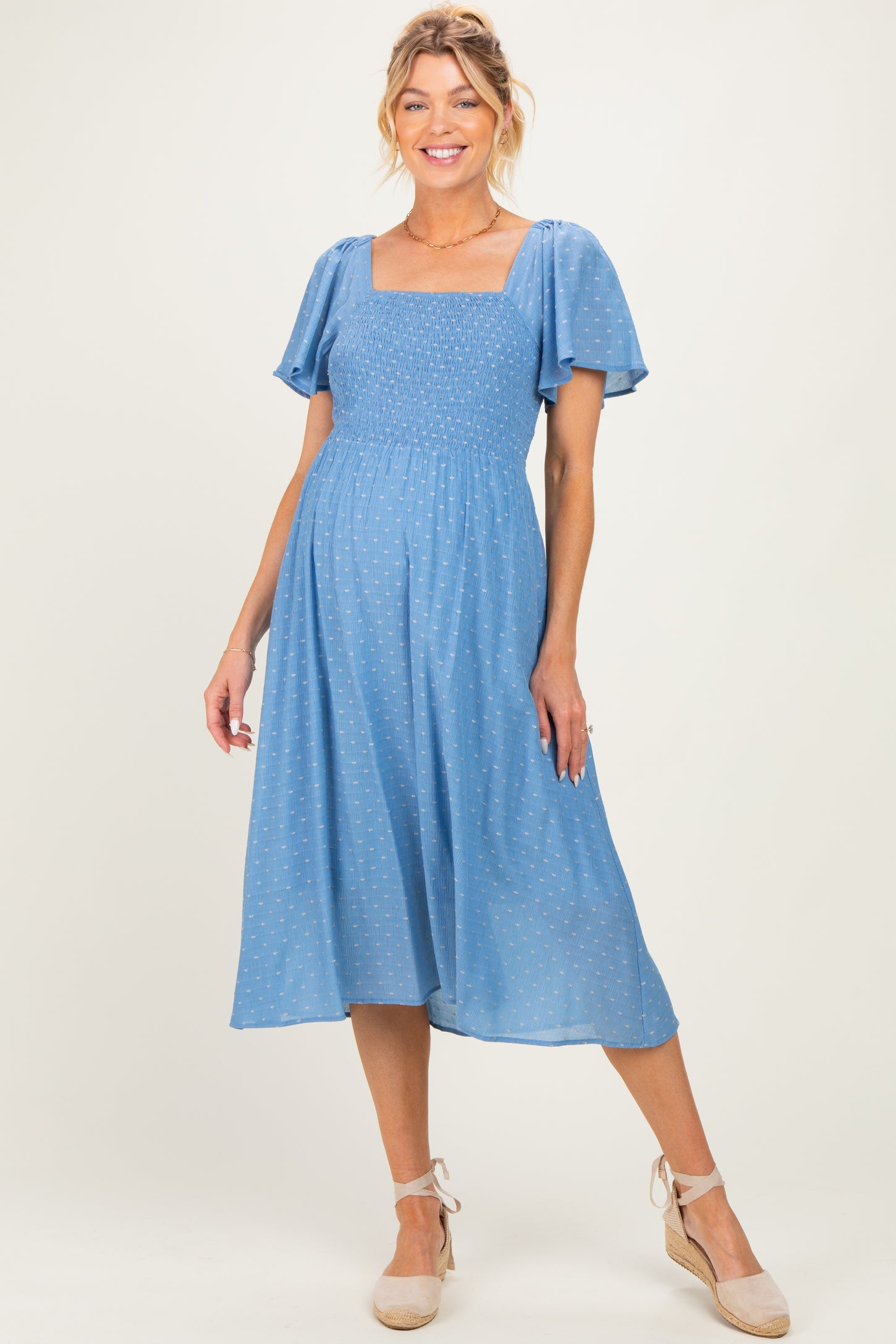 Blue Polka Dot Smocked Maternity Midi Dress