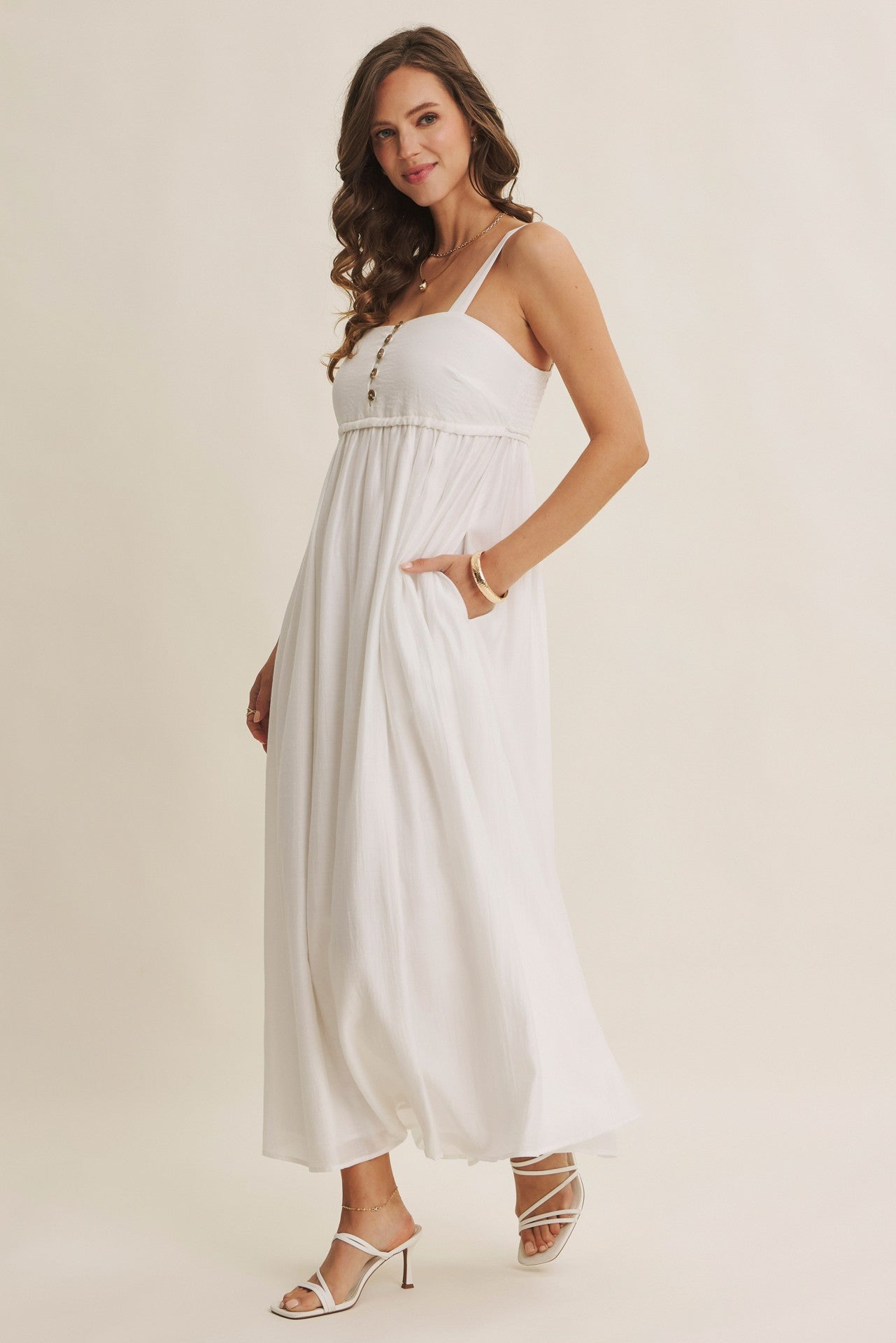 Ivory Coastal Square Neck Empire Waist Tie Maxi Dress