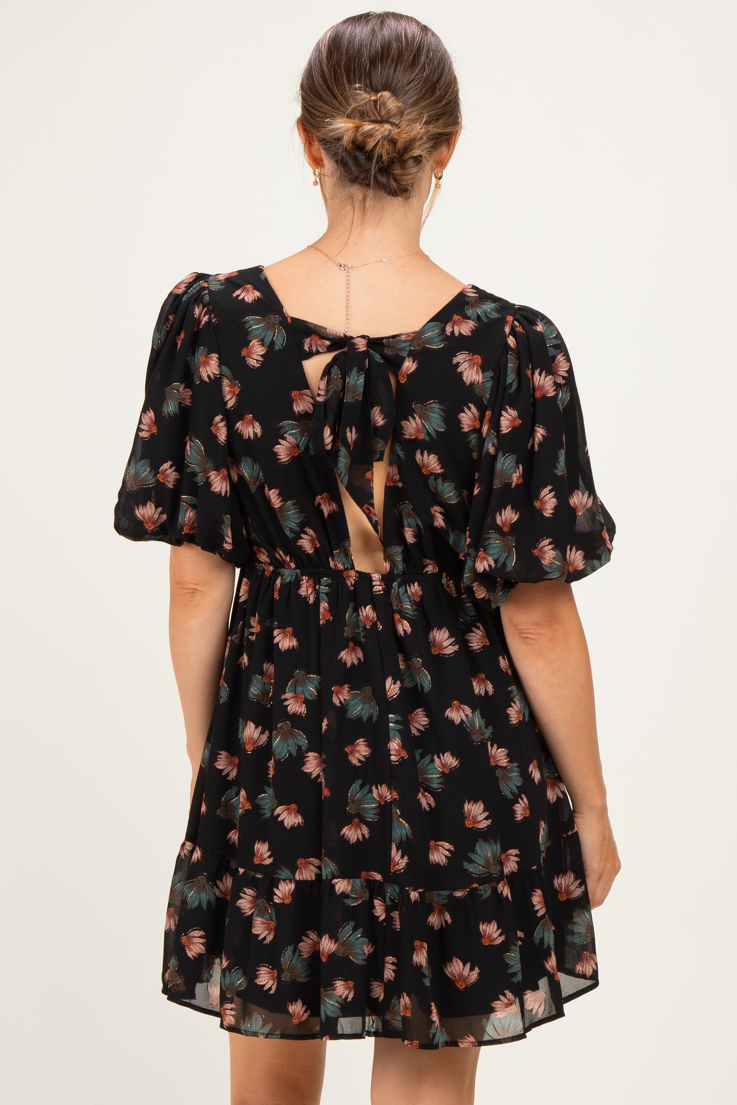Black Floral Puff Sleeve Maternity Dress