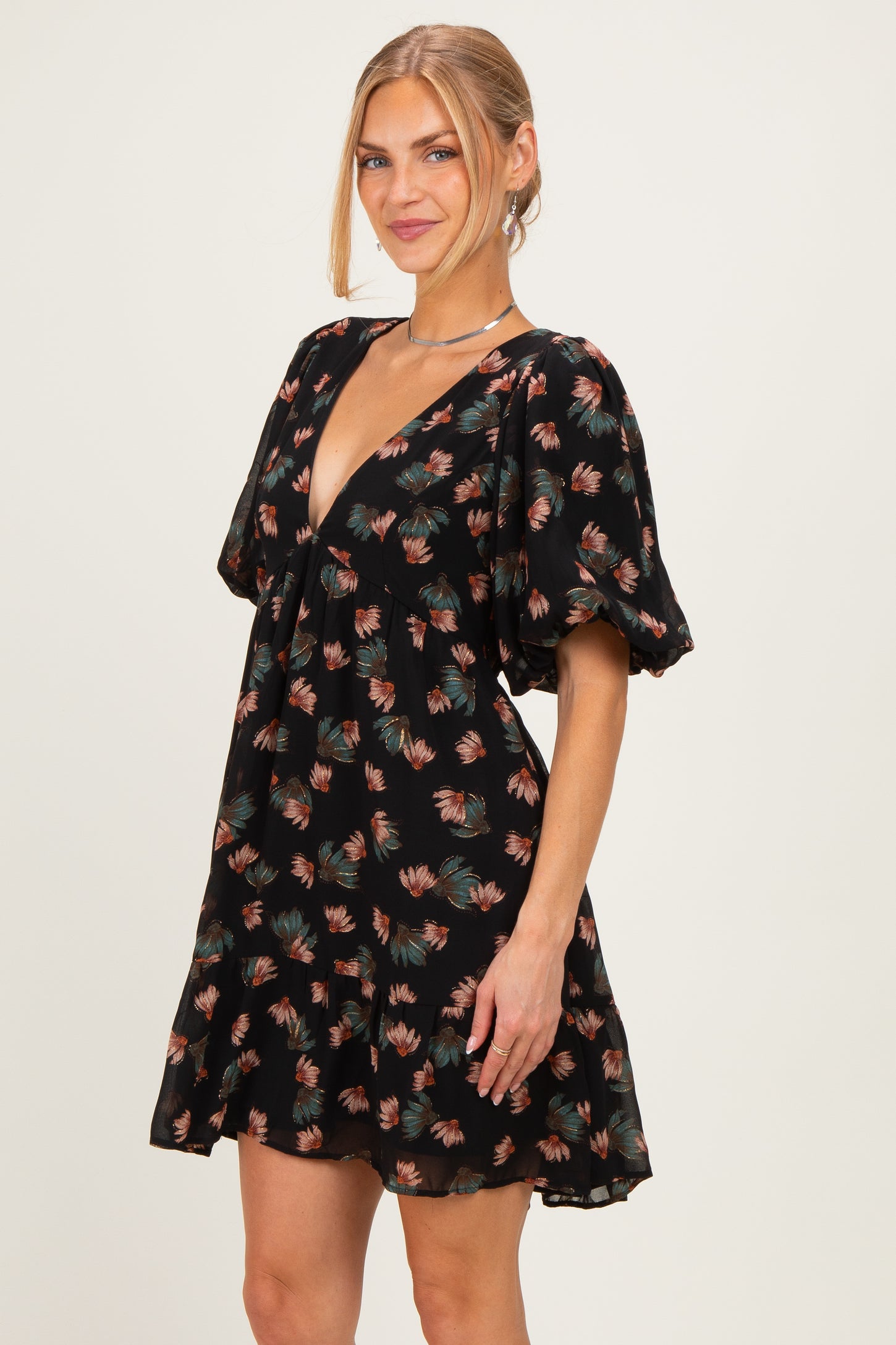 Black Floral Puff Sleeve Dress