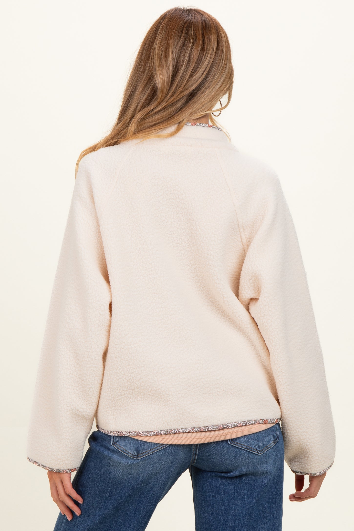 Ivory Floral Trim Fleece Snap Button Maternity Jacket