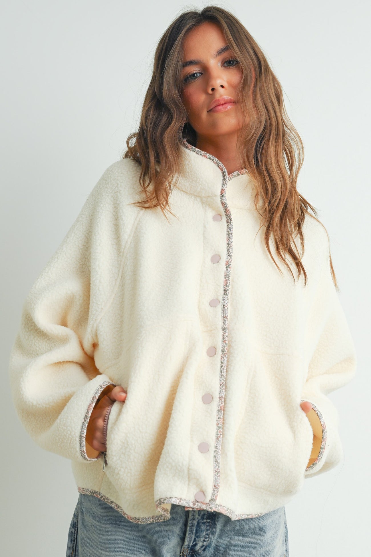 Ivory Floral Trim Fleece Snap Button Maternity Jacket