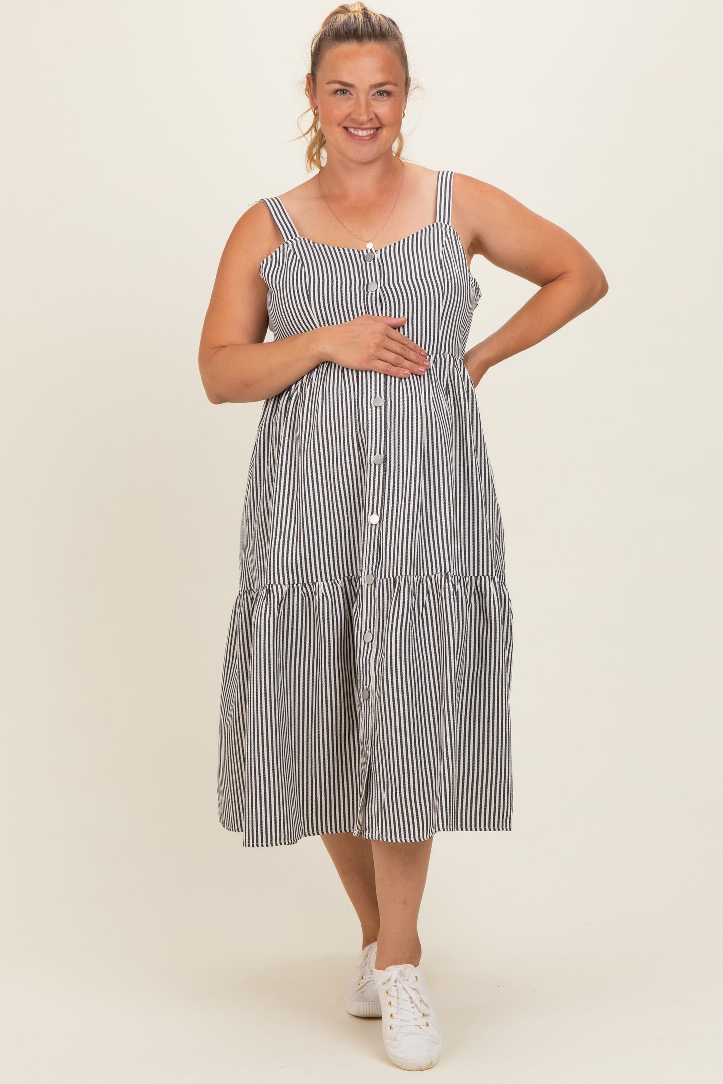 Black Striped Tiered Overall Maternity Plus Dress