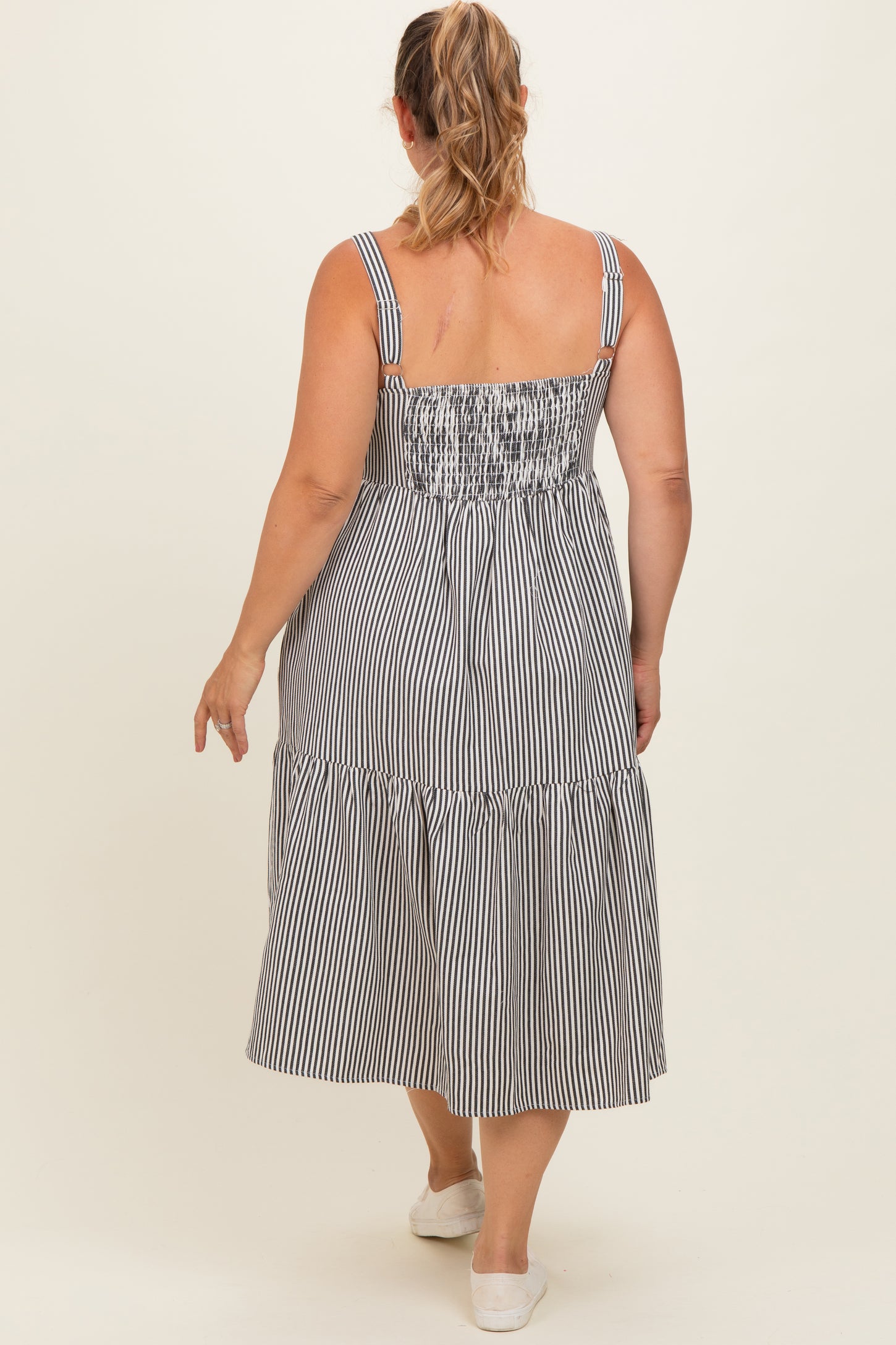 Black Striped Tiered Overall Maternity Plus Dress