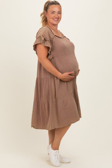 Mahogany Washed Double Gauze Tiered Maternity Plus Dress