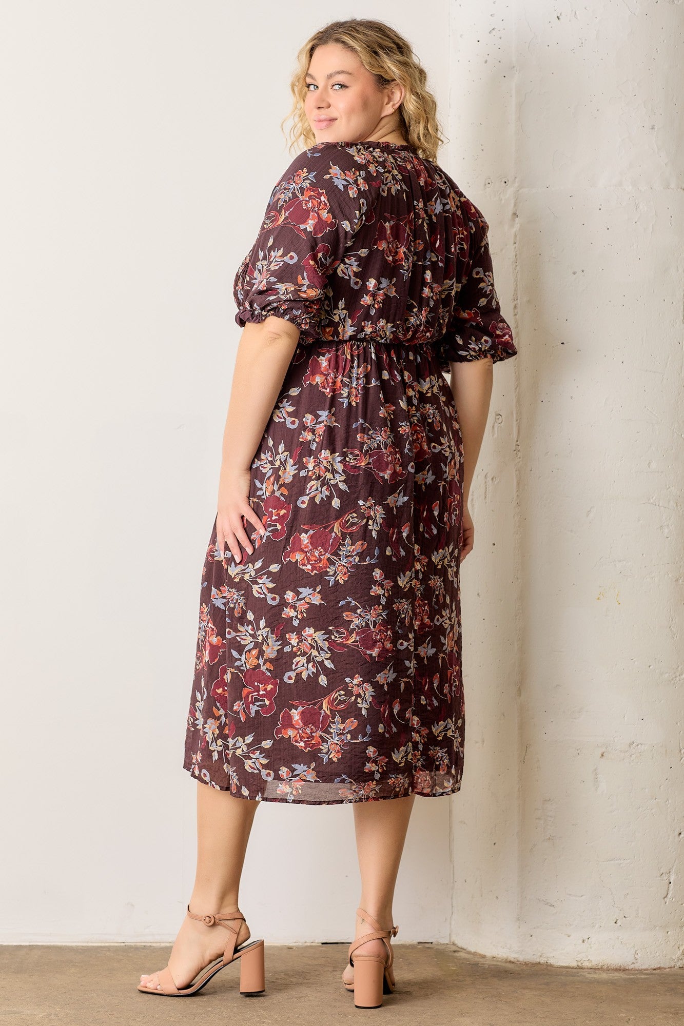 Brown Floral Smocked Button Down Plus Midi Dress