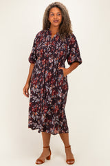 Brown Floral Smocked Button Down Plus Midi Dress