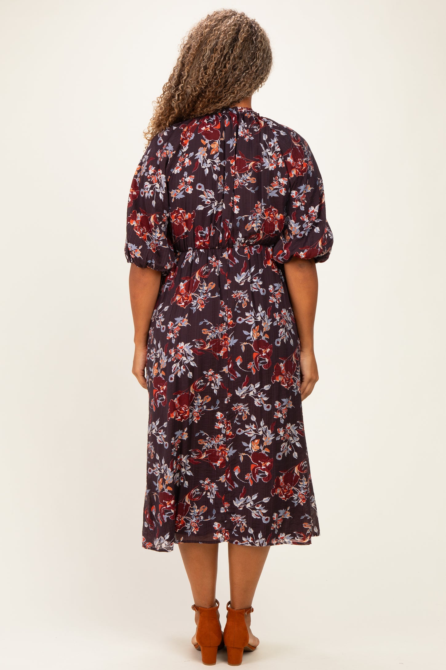 Brown Floral Smocked Button Down Plus Midi Dress