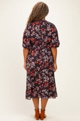 Brown Floral Smocked Button Down Plus Midi Dress