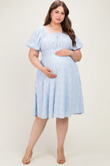 Dusty Blue Jacquard Maternity Plus Midi Dress