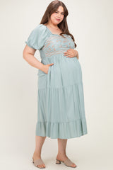 Sage Embroidered Ruffle Accent Maternity Plus Midi Dress