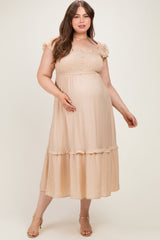 Khaki Button Accent Smocked Maternity Plus Midi Dress