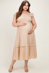 Khaki Button Accent Smocked Maternity Plus Midi Dress