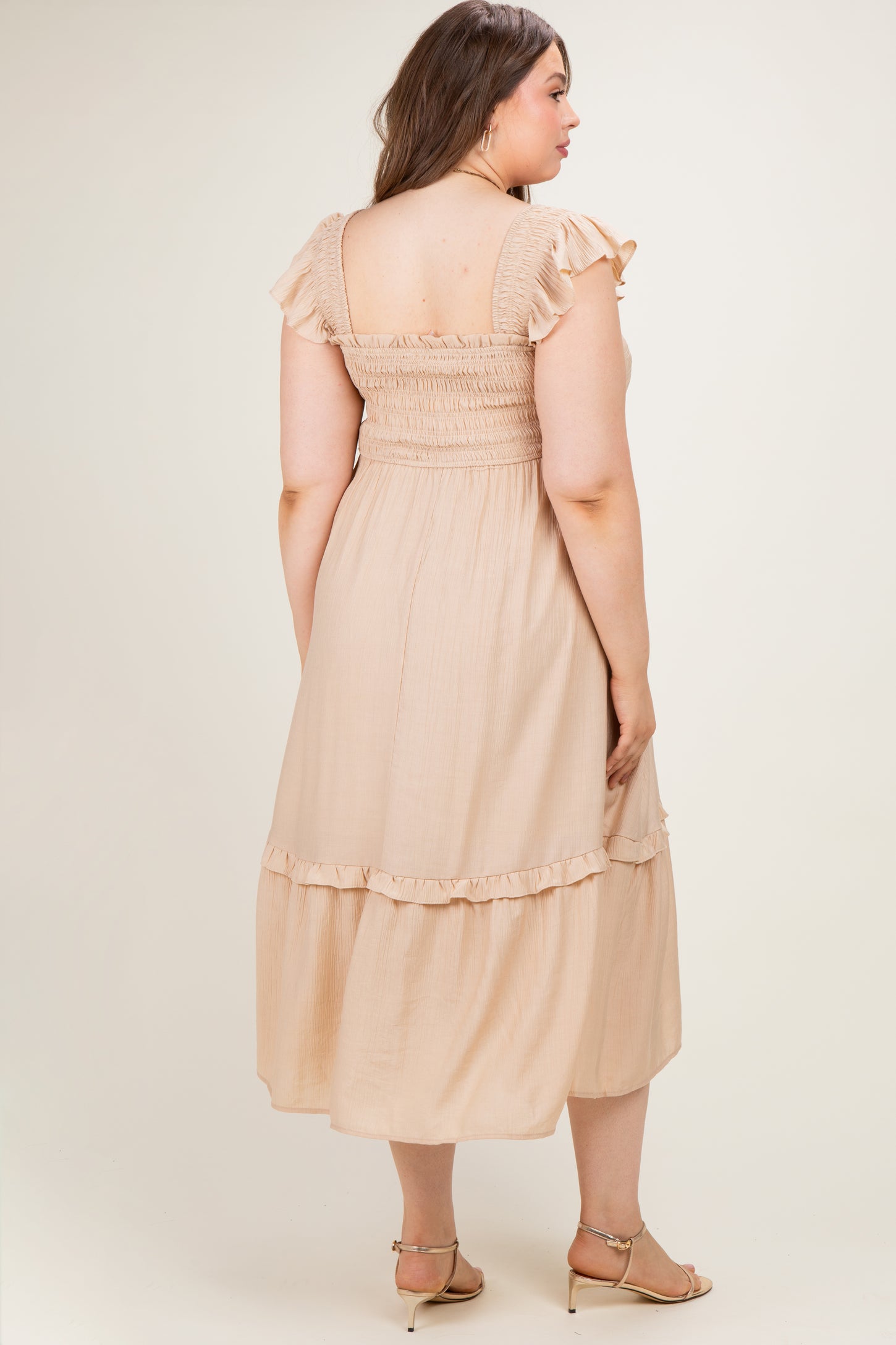Khaki Button Accent Smocked Maternity Plus Midi Dress