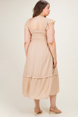 Khaki Button Accent Smocked Maternity Plus Midi Dress