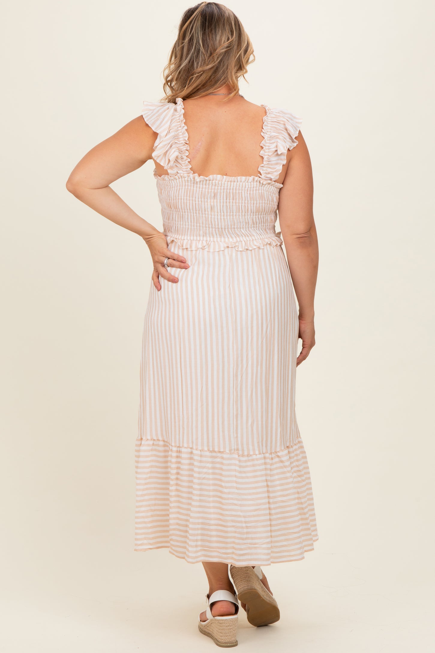 Light Khaki Striped Smocked Maternity Plus Midi Dress
