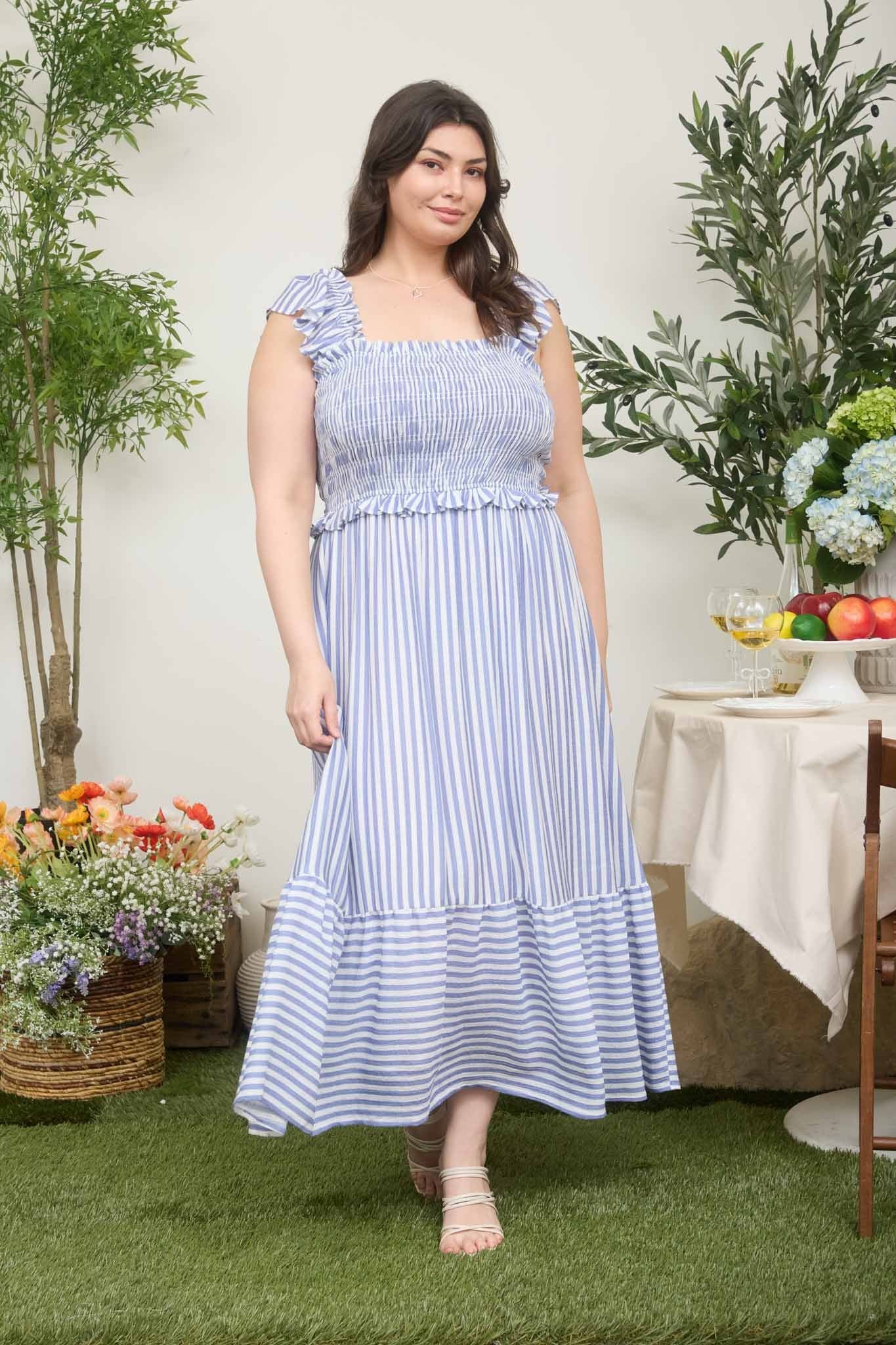 Blue Striped Smocked Maternity Plus Midi Dress