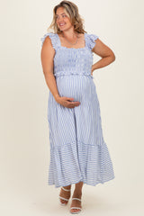 Blue Striped Smocked Maternity Plus Midi Dress