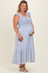 Blue Striped Smocked Maternity Plus Midi Dress