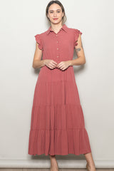 Dusty Rose Button Up Ruffle Sleeve Tiered Maternity Maxi Dress