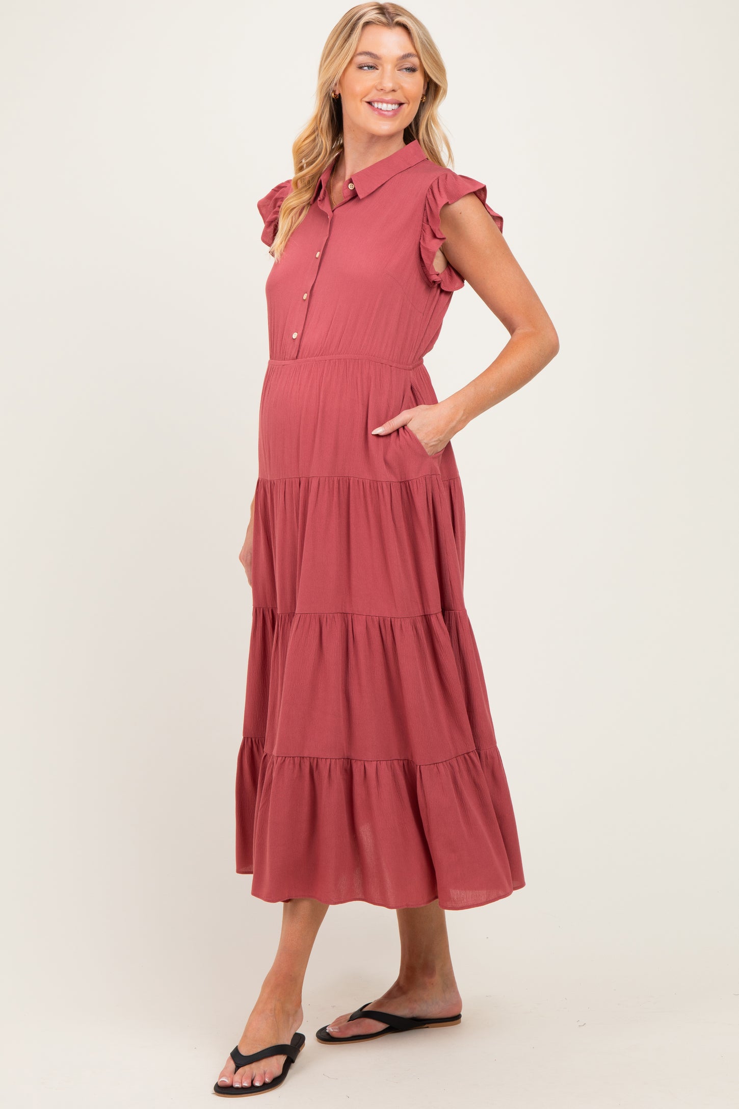 Dusty Rose Button Up Ruffle Sleeve Tiered Maternity Maxi Dress