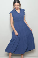 Deep Blue Button Up Ruffle Sleeve Tiered Maxi Dress