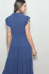Deep Blue Button Up Ruffle Sleeve Tiered Maxi Dress