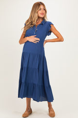 Deep Blue Button Up Ruffle Sleeve Tiered Maternity Maxi Dress
