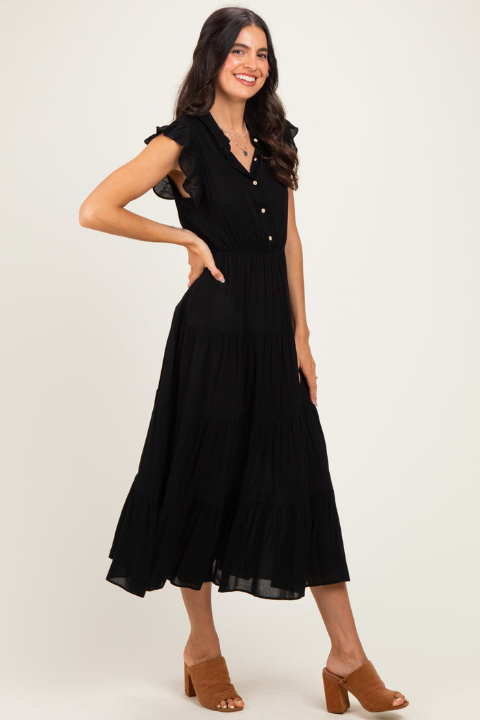 Black Button Up Ruffle Sleeve Tiered Maxi Dress