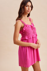 Hot Pink Embroidered Ruffle Accent Romper