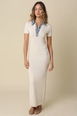 Natural Knit Denim Contrast Collar Maternity Maxi Dress