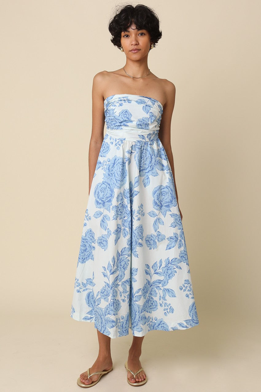 Blue Blossom Print Strapless Maxi Dress