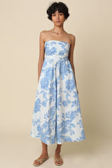 Blue Blossom Print Strapless Maxi Dress