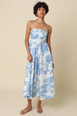 Blue Blossom Print Strapless Maxi Dress