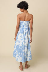 Blue Blossom Print Strapless Maxi Dress