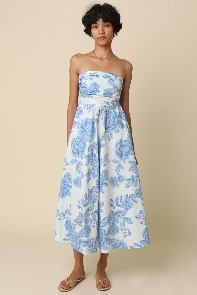 Blue Blossom Print Strapless Maxi Dress