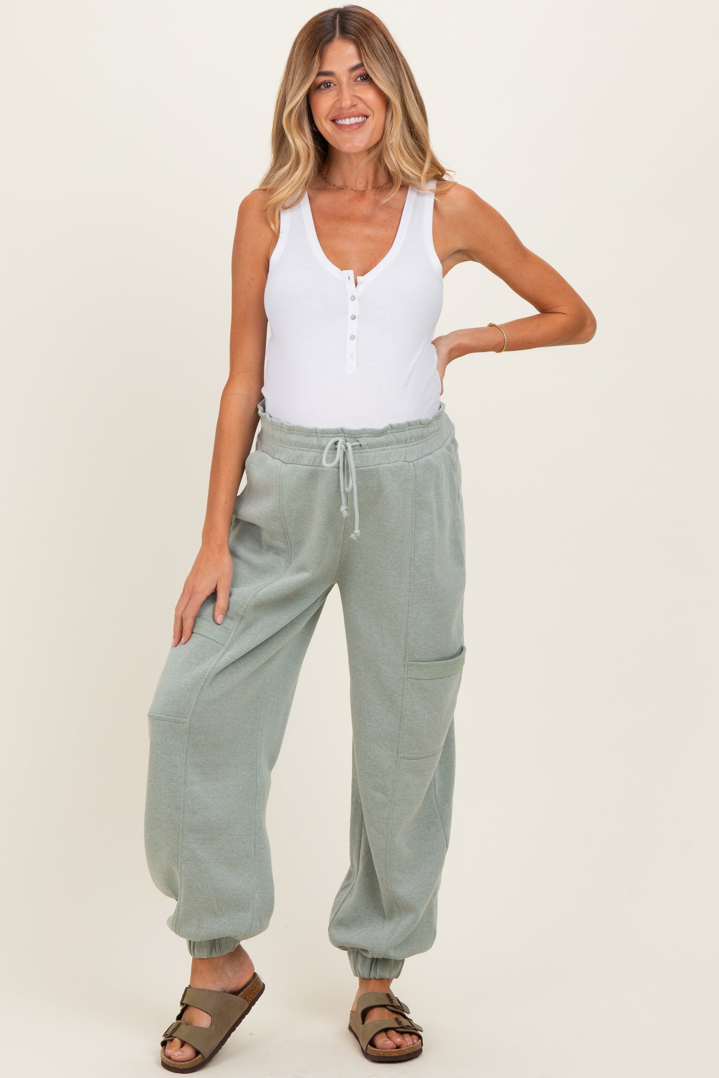 Sage Ruffle Waist Burnout Maternity Jogger Pants