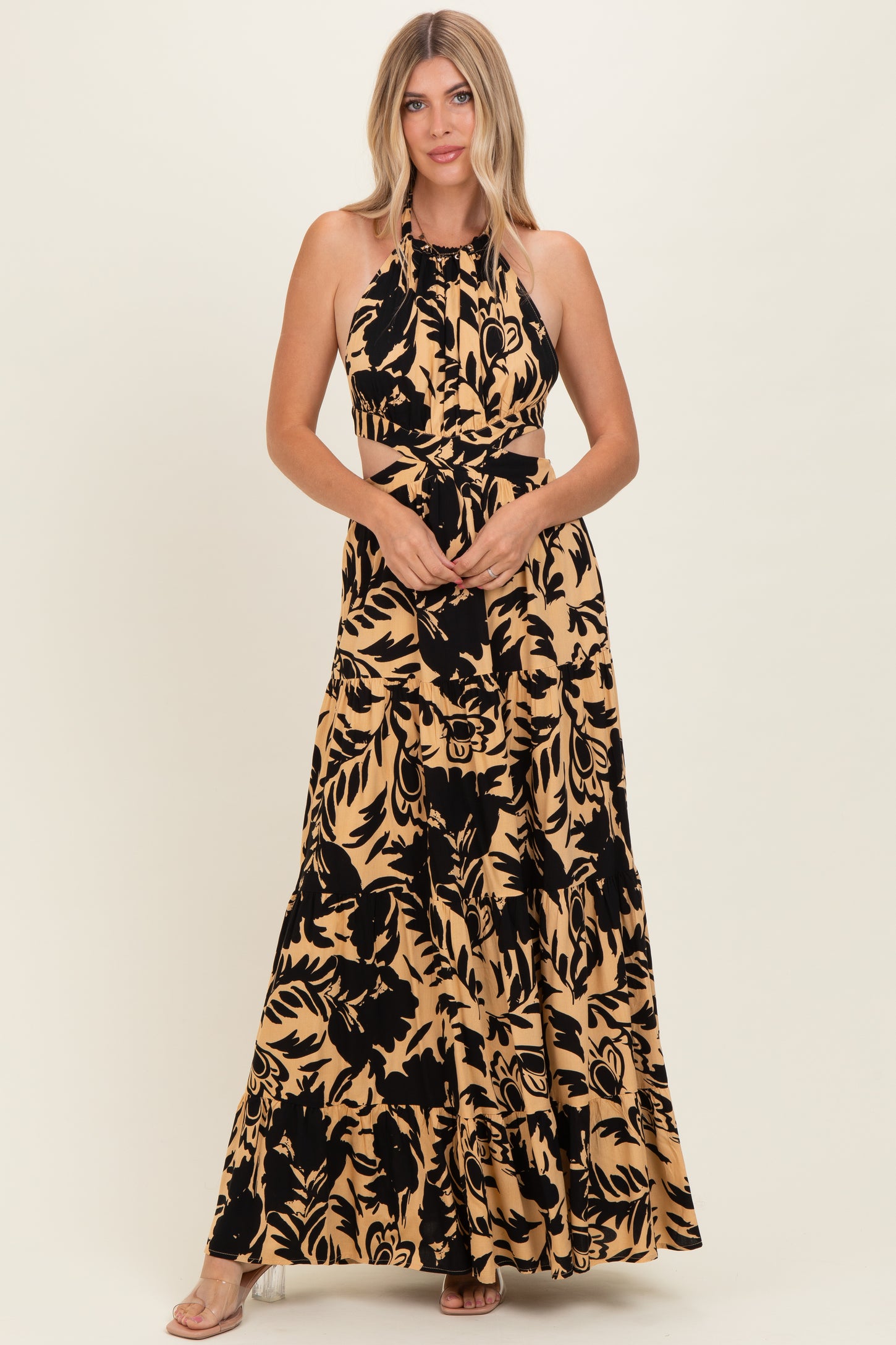 Black Floral Halter Cutout Open Back Maxi Dresses