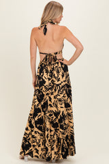 Black Floral Halter Cutout Open Back Maxi Dresses