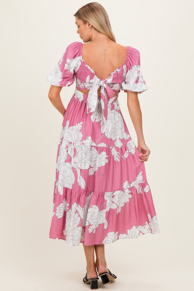 Pink Floral Cutout Tie Back Maternity Midi Dress