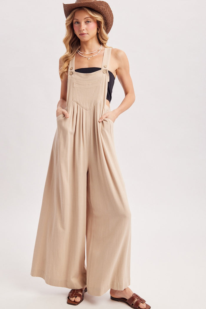Beige Super Wide Leg Overall Maternity Jumpsuit