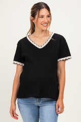 Black Waffle Knit Crochet Trim Maternity Top