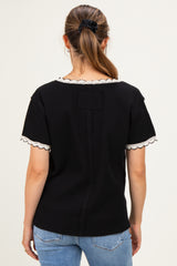 Black Waffle Knit Crochet Trim Maternity Top