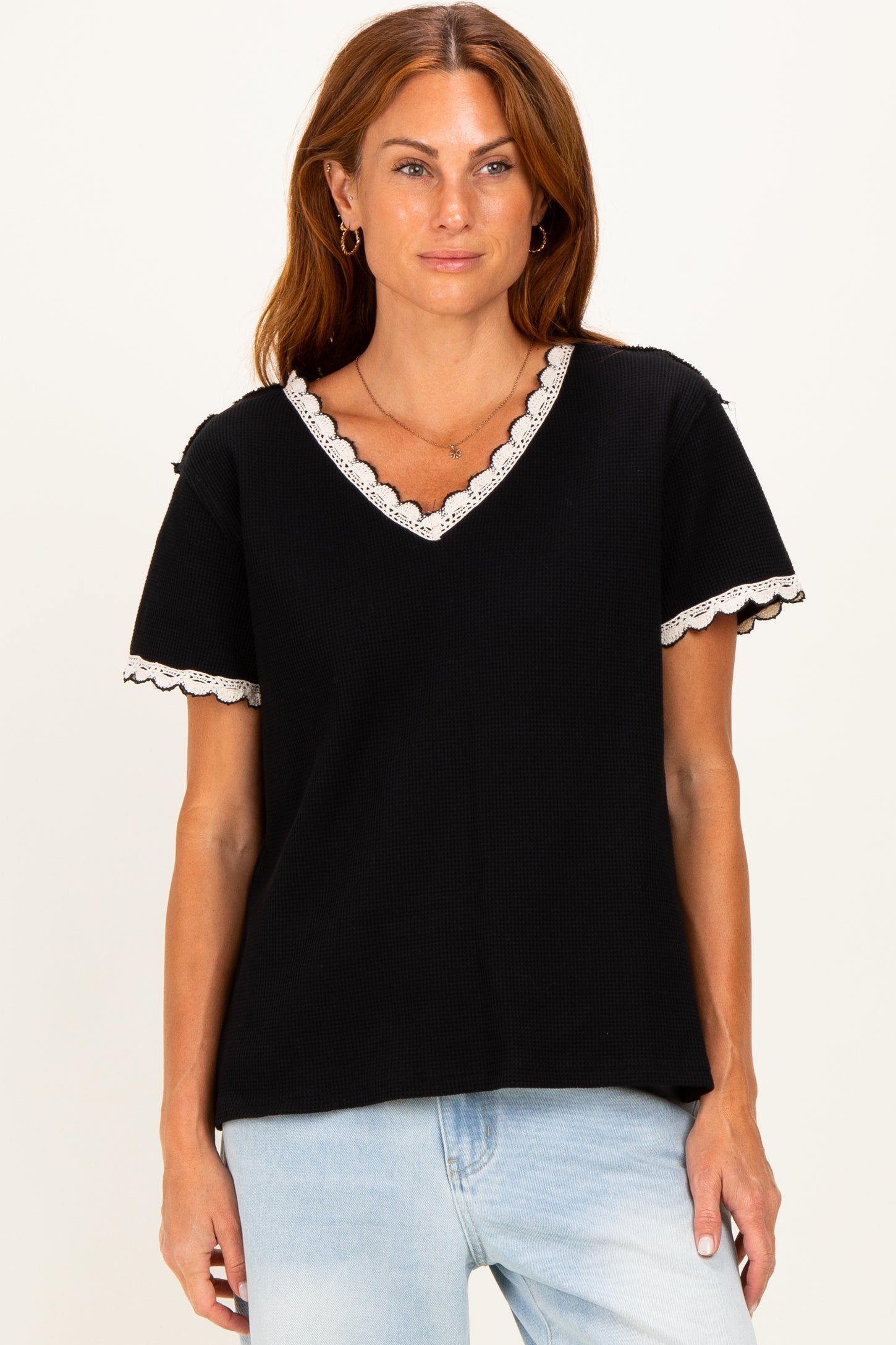 Black Waffle Knit Crochet Trim Maternity Top