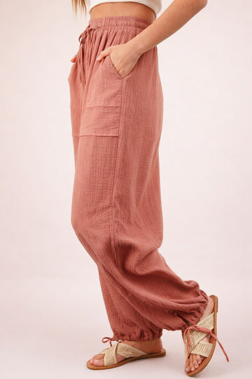 Blush Gauze Cinched Hem Pants