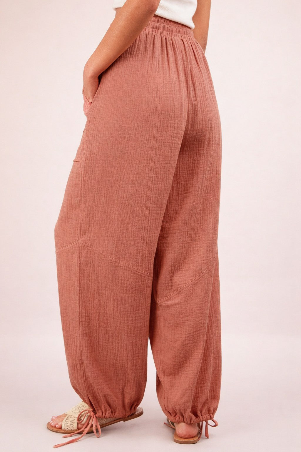 Blush Gauze Cinched Hem Pants